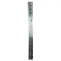 This heavy-duty slotted standard is made of 14-gauge zinc-plated steel with a silver finish. It features 1/2-inch slot length and 1-inch slot spacing for mounting shelving brackets and accessories. Designed for screw-in surface mounting, it is used in retail, warehouse, and commercial storage applications for organizing and displaying merchandise