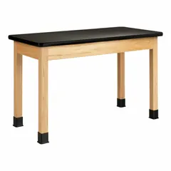 Fixed-height lab table with a black laminate countertop and wood construction. Overall height 30 inches, overall length 4 1/2 feet. Suitable for educational and industrial laboratory environments where a chemical- and stain-resistant work surface is needed.