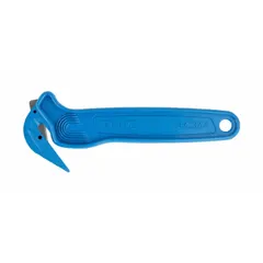 Disposable single-hook safety cutter with a straight handle and plain blade in blue. Overall length of 6-1/2 inches. Designed for cutting film, tape, and packaging materials in industrial and warehouse settings.