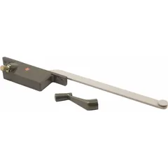 This left-hand crank window operator is designed for casement windows, mounting on the frame. It includes a crank handle and features a bronze-coated gray finish. The 4-3/4 in base length suits standard residential and light commercial window applications requiring left-hand operation.