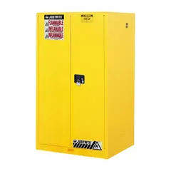 This wall-mounted steel tall cabinet is designed for storage of flammable liquids in laboratory or industrial settings. It features two doors, no drawers, and overall dimensions of 34 inches depth and 34 inches width.