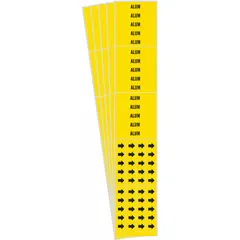 Yellow adhesive pipe marker with black legend text reading 'Alum'. Designed for pipes with outer diameter 3/4 inch and smaller. Includes arrows indicating flow direction. Pack of 5 markers, with 3 markers per pack. Used to identify pipe contents and flow direction in industrial piping systems.