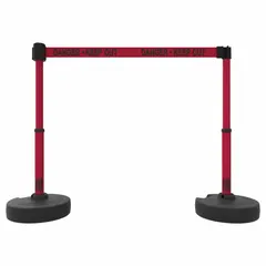 This retractable belt barrier system includes two posts with a 15 ft red belt printed with black/red Danger Keep Out messaging. The belt retracts into the post when not in use, providing visual hazard communication and access control for industrial environments such as warehouses, factories, and construction zones.