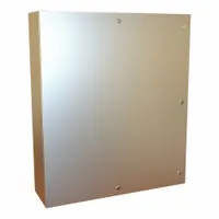This 316 stainless steel enclosure measures 42 x 36 x 10 inches and is rated NEMA 12/13/3R/4/4X. It features a hinged cover with a 1/4-turn latch closure. Knockouts are not included. Typical applications include housing electrical controls, terminals, and instruments in indoor or outdoor industrial environments requiring corrosion resistance