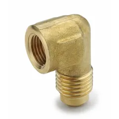 This brass 45-degree flare tube elbow connects 1/2 in OD tubing to 3/4 in male pipe thread. The flared/threaded design meets SAE J512 standards, suitable for hydraulic and fuel system connections in industrial fluid power applications.