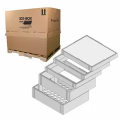This insulated foam shipping container consists of white EPS foam inserts with a 2-inch wall thickness and a corrugated cardboard outer box. It is used for protecting temperature-sensitive goods during transit, such as perishable foods or pharmaceuticals.