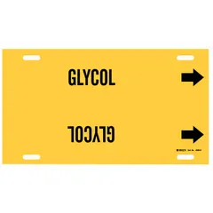 Yellow strap-on pipe marker with black legend reading 'Glycol' and directional arrows. Fits pipe outer diameters of 10 to 15 inches. Used to identify glycol lines in industrial piping systems, such as HVAC and process plants, for clear labeling and flow direction indication.