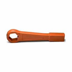 Steel striking box end wrench with orange finish, 1 1/4 in head size, 11 in overall length, and 0° head offset angle. The 6-point SAE box end is designed for high-torque applications when struck with a hammer. Used for heavy-duty bolting and loosening in industrial maintenance and construction.