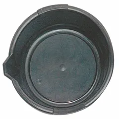 This 2-gallon oil drain basin is made of polypropylene and measures 13 1/2 inches in diameter by 4 1/2 inches in height. It is used to catch and contain oil, coolant, or other fluids during equipment maintenance or fluid changes in shop floors, garages, and industrial workstations.