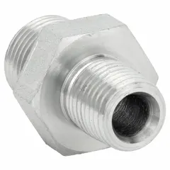 Steel hydraulic hose adapter with 1/2 in BSPP male thread on one end and 1/2 in NPT male thread on the other. Rigid straight design for connecting BSPP components to NPT systems in fluid power and lubrication circuits.