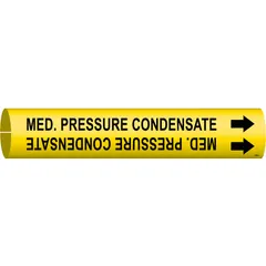 Yellow snap-on pipe marker with black legend reading 'Med. Pressure Condensate' and integral arrows indicating flow direction. Fits pipe outer diameters from 3/4 to 1-3/8 inches. Used for identifying medium-pressure condensate lines in industrial piping systems.