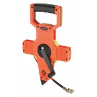 Manual open-reel long tape measure with a 50 ft fiberglass blade. Features double-sided SAE/Engineers scale with 1/8 in graduations and a nonmagnetic double hook end. Housed in a plastic case. Used for measuring long distances in construction, surveying, and engineering applications