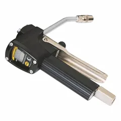 This digital metered manual dispense gun from GRACO features a stainless steel spout and nozzle body with a rigid nozzle extension and NPT connection. It is pressure activated, has a maximum flow rate of 36 oz/min, and is compatible with NLGI viscosity grade 2 grease. Suitable for precise lubrication of bearings, joints, and fittings in industrial maintenance and equipment service.