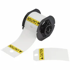 Pre-cut caution tags on a roll for industrial safety labeling. Each tag measures 5 3/4 in x 3 1/4 in, made of polyester with black/white/yellow colors. Suitable for indoor and outdoor use. Requires B30-R10000 ribbon and is compatible with the S3700 printer series.