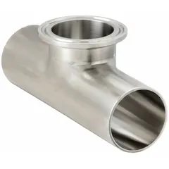 This 316 stainless steel sanitary tee fitting features a short outlet design with 2 in OD x 2 in OD x 2 in OD dimensions and Clamp/Weld connections. It complies with ASME BPE standards for hygienic piping systems, enabling a 90-degree branch connection while maintaining cleanability.