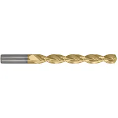 This #33 jobber-length drill bit features a TiN-coated cobalt construction with a fast spiral flute design and a 135° split point. It is suited for deep hole-drilling in hard materials, providing heat resistance and reduced walking during entry.