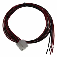 This 2-pole connector assembly includes a plug with male contacts and 48-inch red 18 AWG hookup wire (UL 1015) with PVC jacket. Rated at 10 A and 250V AC, it is used for low-power and signal connections in industrial and commercial equipment such as control panels, lighting systems, and appliances.