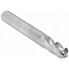 Carbide ball end mill with 4 flutes, 1/4" mill diameter, 1/2" length of cut, and 2" overall length. Designed for contouring, slotting, and profiling in aluminum and non-ferrous materials. Ball nose geometry enables 3D machining and radius cutting.