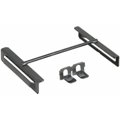 Adjustable battery hold down made of black polypropylene. Overall length 6 7/8 inches, overall width 9 inches. Secures batteries in vehicles and equipment, resisting corrosion and vibration.