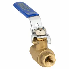 This 1/4 in brass ball valve features a straight body with female NPT connections on both ends and a full-port ball port for minimal flow restriction. The locking lever handle provides secure on/off control, suitable for use in industrial piping systems handling water, oil, or gas.