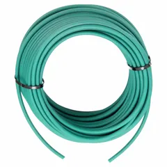 Solid-core rough round belt made of polyurethane, 10 mm diameter, 100 ft overall length, hardness 89A, green color. Designed for a minimum pulley diameter of 90 mm. Used in power transmission and conveyor systems requiring grip and flexibility, such as packaging and material handling equipment.