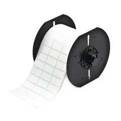 Thermal transfer precut label roll measuring 1/2 in x 1 in, featuring a rubber aggressive adhesive for permanent bonding to challenging surfaces. Halogen-free material suitable for environments with safety or environmental requirements. Designed for use with Brady i3300 printer series.