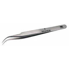These titanium tweezers feature a pointed, curved tip with a thickness of 0.53 mm. The smooth titanium construction resists solder adhesion, making them suitable for precision handling in electronics assembly, industrial manufacturing, and laboratory tasks.