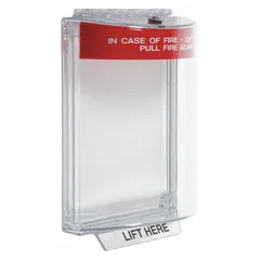 Red flush-mount wall-mount pull station guard with legend 'IN CASE OF FIRE - LIFT COVER ACTIVATE FIRE ALARM'. Protects fire alarm pull stations from accidental activation or damage in commercial and industrial facilities.