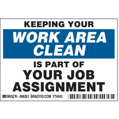 Adhesive-mounted polyester signs, 3 1/2 in x 5 in, 0.01 in thick. Not retroreflective, not glow-in-the-dark, no anti-slip surface. Suitable for indoor workplace cleanliness reminders.