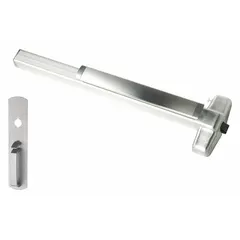 This rim-type exit device features a touchbar for easy egress and a thumbpiece pull for outside access. Constructed of aluminum, it is ADA compliant and suitable for doors up to 3 ft wide. Typical applications include commercial buildings requiring code-compliant panic hardware.
