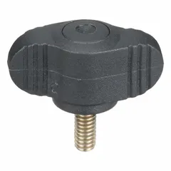 Wing knob with threaded stud for manual clamping, adjustment, and positioning on machinery, fixtures, and jigs. Plastic body with stainless steel #8-32 thread provides corrosion resistance and a comfortable grip for frequent hand-tightening. 28 mm diameter, 10 mm thread length.