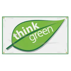 Poly sheeting banner with one printed side, nominal size 28 in x 48 in. Suitable for indoor and outdoor use. Does not include wind slits. Commonly used to display environmental awareness or safety messages in industrial facilities.