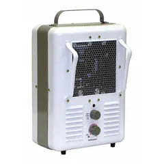 Portable electric heater for jobsites and garages. Outputs 1.3kW or 1.5kW on 120V AC single-phase power. Features NEMA 5-15P plug, automatic reset thermal overheat protection, and includes a safety screen. Dimensions: 16 in x 10 in x 9-1/2 in.