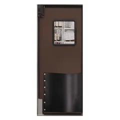 Single-leaf insulated swinging door in brown textured polyethylene, 3 ft wide by 8 ft high. Includes polycarbonate window, door seals, bumpers, and mounting hardware. NSF certified for use in temperature-controlled environments such as food processing and cold storage.