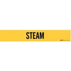 Yellow adhesive pipe marker with black legend text reading 'Steam'. Designed for pipe outer diameters of 8 inches and larger. Supplied as a single marker without directional arrows. Used to identify steam lines in industrial piping systems.