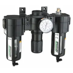 This combined filter, regulator, and lubricator unit conditions compressed air in pneumatic systems. It filters particulates down to 5 micron, regulates pressure up to 150 psi, and provides lubrication for downstream components. With 3/4 in NPT ports and a flow capacity of 142 cfm, it is suited for industrial applications requiring clean, regulated, lubricated air.