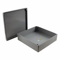 This HAMMOND enclosure is constructed of polyester and measures 15 in x 15 in x 5 in. It features a solid cover secured with screws and is rated NEMA 4/4X for protection against dust, water ingress, and corrosion. Suitable for housing electrical and electronic components in indoor or outdoor environments
