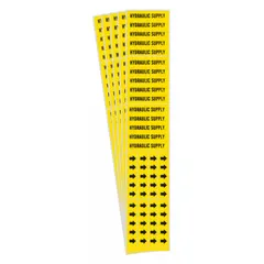 Yellow adhesive pipe marker with black legend text reading 'Hydraulic Supply'. Designed for pipes with outer diameter of 3/4 inch and smaller. Includes directional arrows to indicate flow direction. Supplied in a 5-pack for convenient installation.