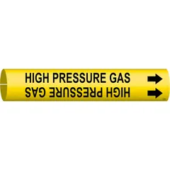 Snap-on pipe marker for high-pressure gas lines. Yellow background with black legend and directional arrows. Fits pipe outer diameters of 4 to 6 inches. Single marker included.