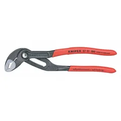 V-jaw tongue and groove pliers with push-button adjustment, 18 jaw positions, 180 mm overall length, and 1 1/2 in maximum jaw opening. Used for gripping and turning pipes, nuts, and fittings in plumbing and mechanical work.