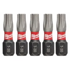 T30 Torx insert bit with hex shank, imperial sizing, made from alloy steel. Suitable for driving T30 Torx fasteners in assembly, repair, and construction tasks. Sold as a 5-pack.