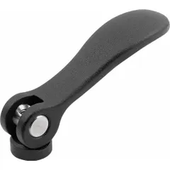 Cam lever with threaded hole, aluminum handle with steel threaded insert, M6 thread size, 70.4 mm handle length. Used for quick clamping and positioning in jigs, fixtures, and machinery.