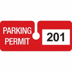 Vinyl parking hanger in red, with a 2-inch card height and 4 3/4-inch overall width. Supplied in packs of 100. Used for vehicle identification in parking lots and garages.