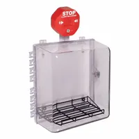Clear polycarbonate wall fixture guard for indoor use with Automated External Defibrillators (AEDs). Includes alarm and mounting hardware. Features legend 'STOP EMERGENCY USE ONLY'. Overall depth 14 3/16 in. Surface mount