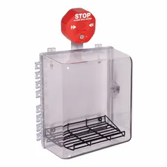 Clear polycarbonate wall fixture guard for indoor use with Automated External Defibrillators (AEDs). Includes alarm and mounting hardware. Features legend 'STOP EMERGENCY USE ONLY'. Overall depth 14 3/16 in. Surface mount.