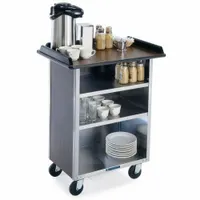 This LAKESIDE beverage service cart features two shelves and an overall height of 38 1/2 inches. It is designed for transporting and serving beverages in hospitality settings such as hotels, banquet halls, and catering events. The cart provides organized storage for glasses, bottles, and supplies