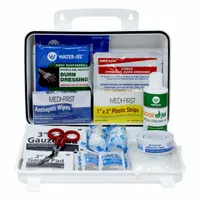 This burn care kit contains 138 components in a plastic box, including 16 adhesive bandages, tape wound dressings, and 6 burn gel packets. No oral or inhalant medicinals are included. Suitable for first-aid treatment of minor burns in workplace or industrial settings