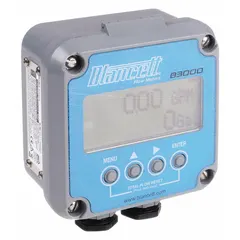 This remote-mount advanced flow monitor display is designed for use with turbine flowmeters. It features an LCD display and an aluminum enclosure, providing real-time flow data readings in industrial fluid monitoring applications where the display must be mounted away from the flowmeter.