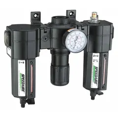 Combination filter, regulator, and lubricator for compressed air systems. Provides 5 micron filtration, pressure regulation up to 250 psi, and lubrication at 154 cfm flow. Suitable for industrial pneumatic applications requiring clean, regulated, and lubricated air.