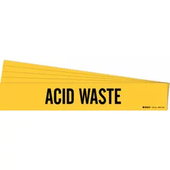 Yellow adhesive pipe marker with black legend reading 'Acid Waste', designed for pipe outer diameters of 8 inches and larger. Each pack contains 5 markers, each without directional arrows. Used to identify acid waste piping in industrial facilities for clear hazard communication.